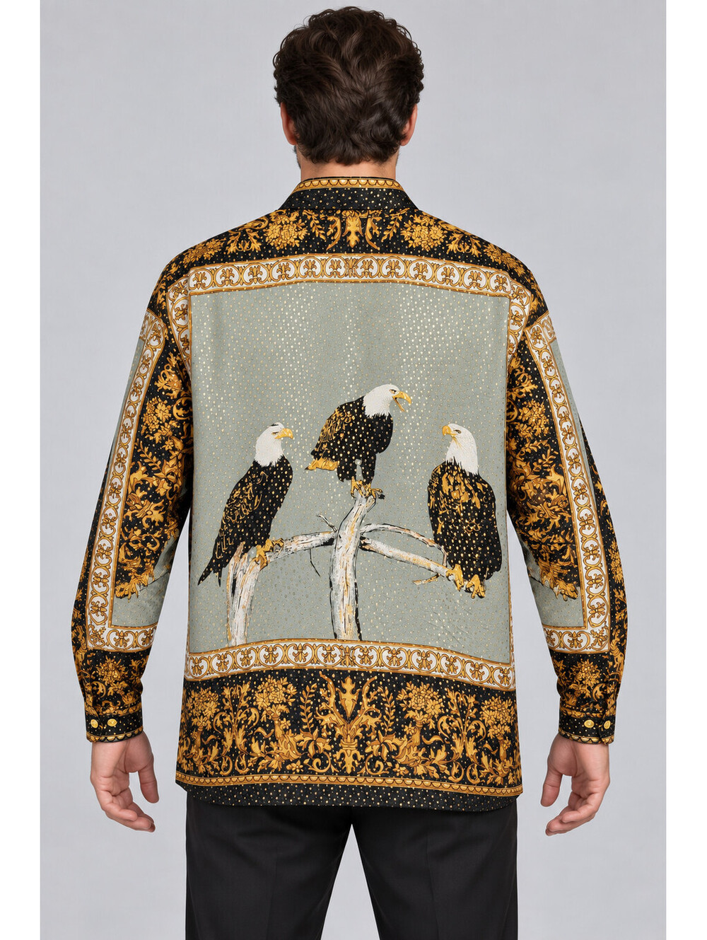 Vintage BRAVO Men M Silk Shirt Black Gold Baroque Eagle Metallic Long Sleeve 90s